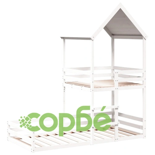 Двуетажно легло с покрив, бял, 80x200 см, борово дърво масив ➤ топ цена ➤ sorbe.bg