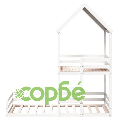 Двуетажно легло с покрив, бял, 80x200 см, борово дърво масив ➤ топ цена ➤ sorbe.bg
