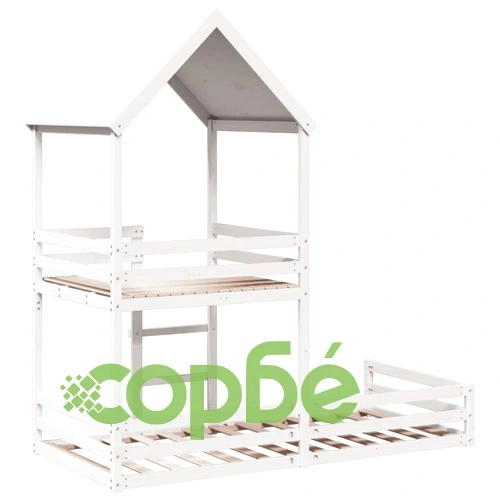 Двуетажно легло с покрив, бял, 80x200 см, борово дърво масив ➤ топ цена ➤ sorbe.bg