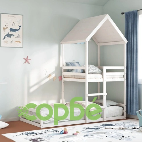 Двуетажно легло с покрив, бял, 80x200 см, борово дърво масив ➤ топ цена ➤ sorbe.bg