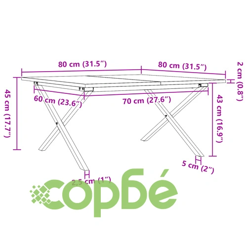 Кафе маса X-образна рамка 80x80x45 см бор масив и стомана ➤ топ цена ➤ sorbe.bg