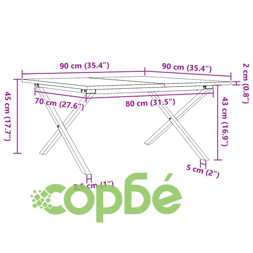 Кафе маса X-образна рамка 90x90x45 см бор масив и стомана ➤ топ цена ➤ sorbe.bg