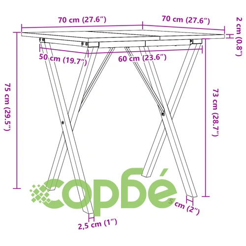 Трапезна маса X-образна рамка 70x70x75 см бор масив и стомана ➤ топ цена ➤ sorbe.bg