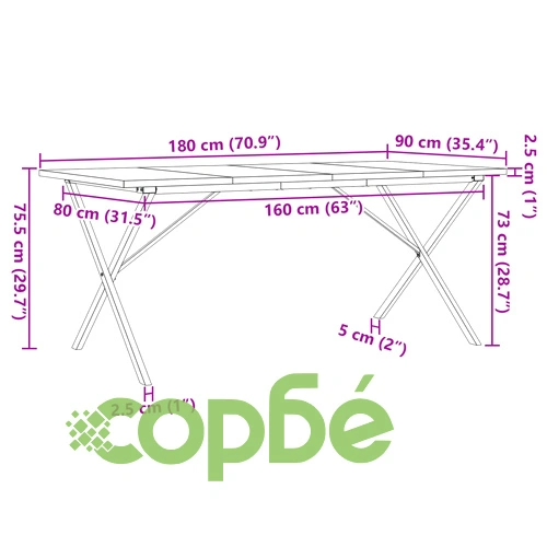 Трапезна маса X-образна рамка 180x90x75,5 см бор масив и стомана ➤ топ цена ➤ sorbe.bg