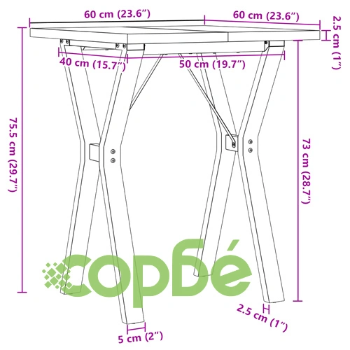Трапезна маса Y-образна рамка 60x60x75,5 см бор масив и стомана ➤ топ цена ➤ sorbe.bg