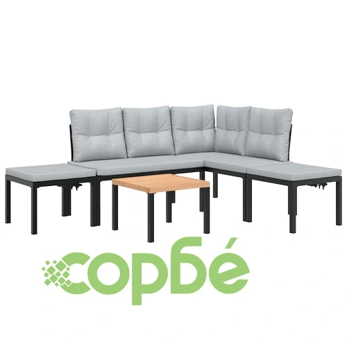 Комплект градински диван от 5 части с възглавници черен стомана ➤ топ цена ➤ sorbe.bg