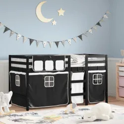Детско високо легло със завеси бяло и черно 90x190 см бор масив