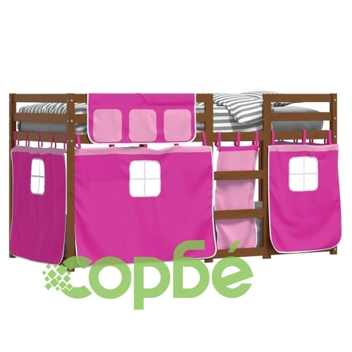 Двуетажно легло със завеси розово 90x200 см масивен бор масив ➤ топ цена ➤ sorbe.bg