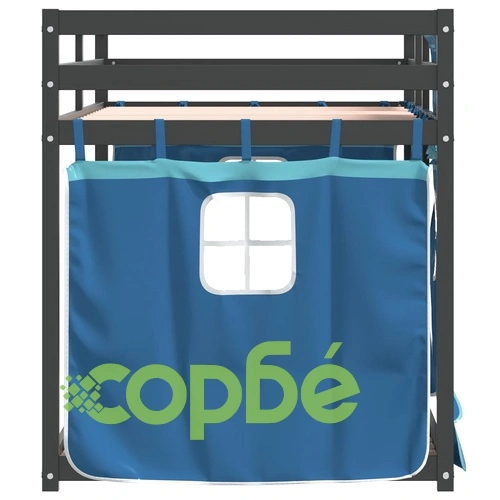 Двуетажно легло със завеси синьо 90x200 см масивно борово дърво ➤ топ цена ➤ sorbe.bg