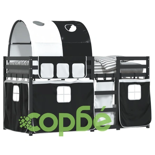 Двуетажно легло със завеси, бяло и черно, 80x200 см, бор масив ➤ топ цена ➤ sorbe.bg