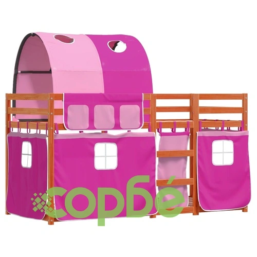 Двуетажно легло със завеси розово 80x200 см масивен бор масив ➤ топ цена ➤ sorbe.bg