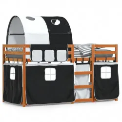 Двуетажно легло със завеси, бяло и черно, 90x190 см, бор масив