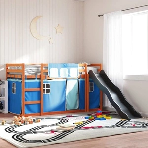 Двуетажно легло с пързалка и завеси, синьо, 90x200 см