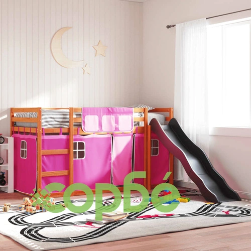 Двуетажно легло с пързалка и завеси, синьо, 90x200 см ➤ топ цена ➤ sorbe.bg