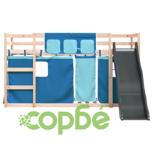 Двуетажно легло с пързалка и завеси, синьо, 80x200 см ➤ топ цена ➤ sorbe.bg