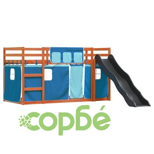 Двуетажно легло с пързалка и завеси, синьо, 80x200 см ➤ топ цена ➤ sorbe.bg