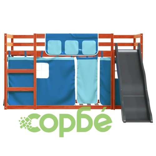 Двуетажно легло с пързалка и завеси, синьо, 80x200 см ➤ топ цена ➤ sorbe.bg