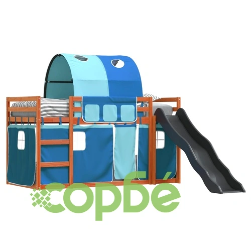 Двуетажно легло с пързалка и завеси, синьо, 90x200 см ➤ топ цена ➤ sorbe.bg
