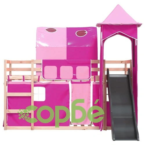 Двуетажно легло с пързалка и завеси, синьо, 90x200 см ➤ топ цена ➤ sorbe.bg
