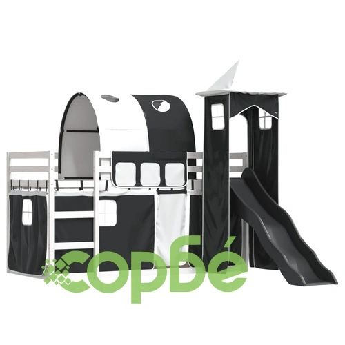Двуетажно легло с пързалка и завеси, бяло и черно, 90x200 см ➤ топ цена ➤ sorbe.bg