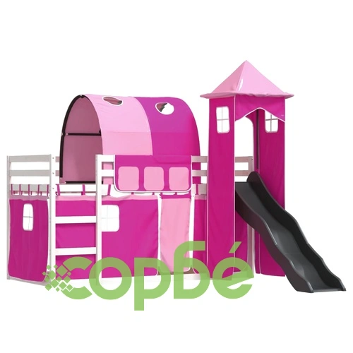 Двуетажно легло с пързалка и завеси, синьо, 90x200 см ➤ топ цена ➤ sorbe.bg