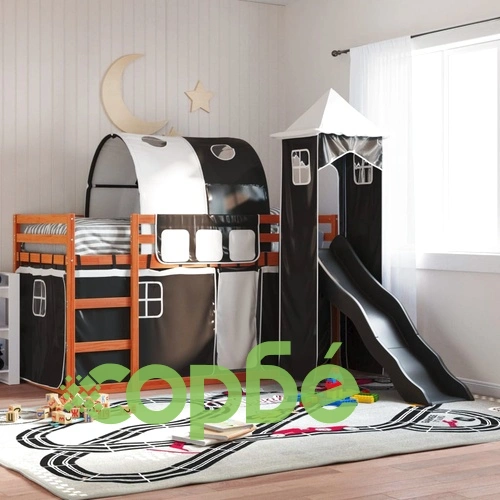 Двуетажно легло с пързалка и завеси, бяло и черно, 90x200 см ➤ топ цена ➤ sorbe.bg