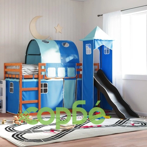 Двуетажно легло с пързалка и завеси, синьо, 90x200 см ➤ топ цена ➤ sorbe.bg
