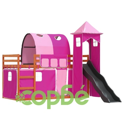 Двуетажно легло с пързалка и завеси, синьо, 90x200 см ➤ топ цена ➤ sorbe.bg