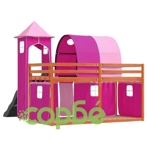 Двуетажно легло с пързалка и завеси, синьо, 90x200 см ➤ топ цена ➤ sorbe.bg