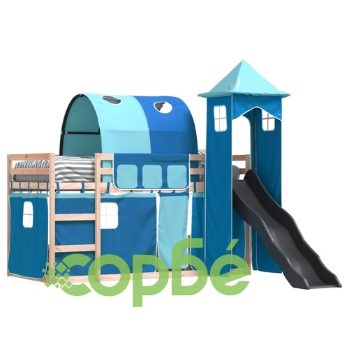 Двуетажно легло с пързалка и завеси, синьо, 80x200 см ➤ топ цена ➤ sorbe.bg
