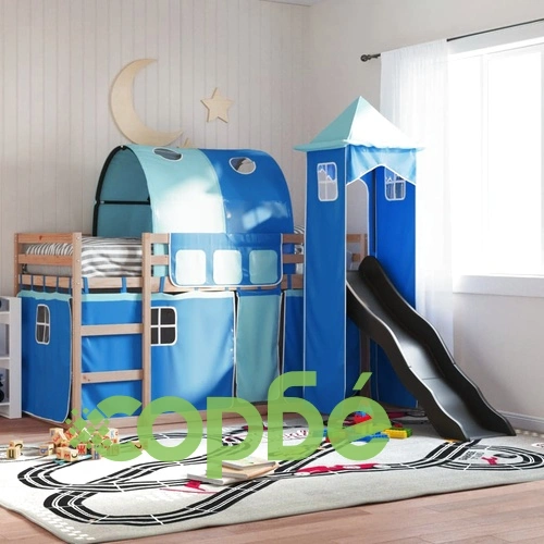Двуетажно легло с пързалка и завеси, синьо, 80x200 см ➤ топ цена ➤ sorbe.bg
