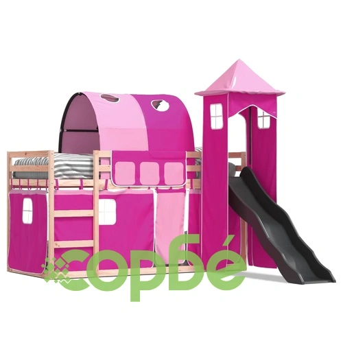 Двуетажно легло с пързалка и завеси, синьо, 80x200 см ➤ топ цена ➤ sorbe.bg
