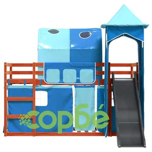Двуетажно легло с пързалка и завеси, синьо, 80x200 см ➤ топ цена ➤ sorbe.bg