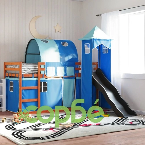 Двуетажно легло с пързалка и завеси, синьо, 80x200 см ➤ топ цена ➤ sorbe.bg
