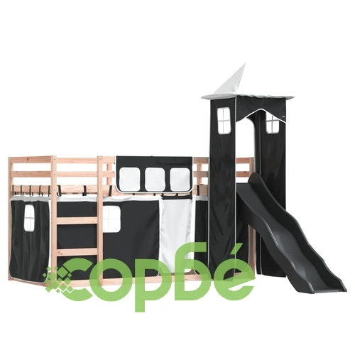 Двуетажно легло с пързалка и завеси, бяло и черно, 90x200 см ➤ топ цена ➤ sorbe.bg