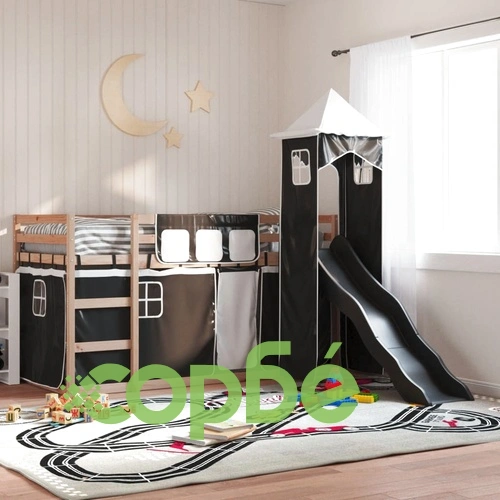 Двуетажно легло с пързалка и завеси, бяло и черно, 90x200 см ➤ топ цена ➤ sorbe.bg