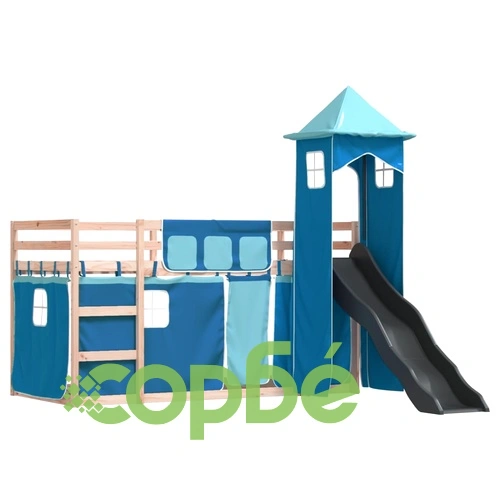 Двуетажно легло с пързалка и завеси, синьо, 90x200 см ➤ топ цена ➤ sorbe.bg