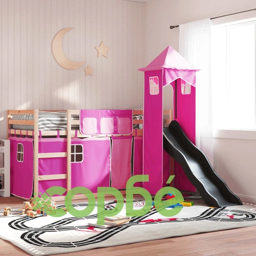 Двуетажно легло с пързалка и завеси, синьо, 90x200 см ➤ топ цена ➤ sorbe.bg