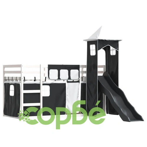 Двуетажно легло с пързалка и завеси, бяло и черно, 90x200 см ➤ топ цена ➤ sorbe.bg