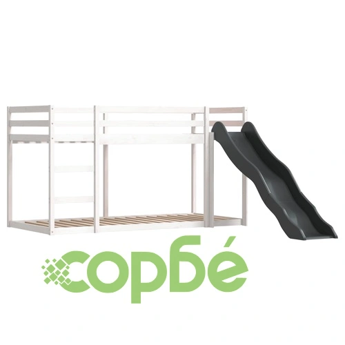 Двуетажно легло с пързалка и завеси, бяло и черно, 90x200 см ➤ топ цена ➤ sorbe.bg
