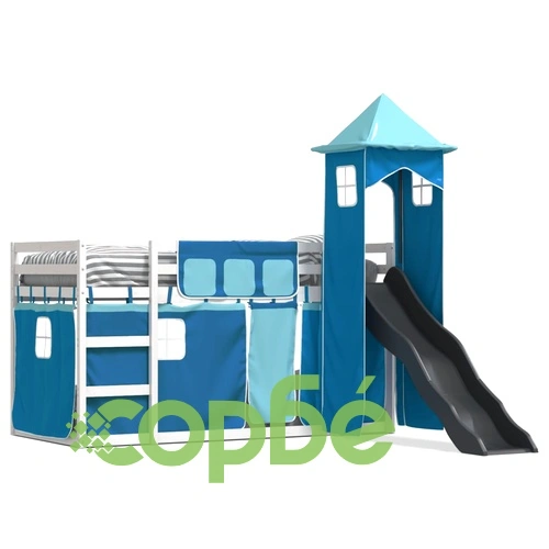 Двуетажно легло с пързалка и завеси, синьо, 90x200 см ➤ топ цена ➤ sorbe.bg