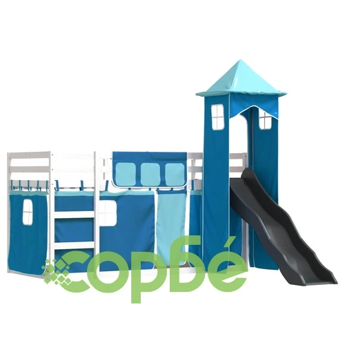 Двуетажно легло с пързалка и завеси, синьо, 90x200 см ➤ топ цена ➤ sorbe.bg