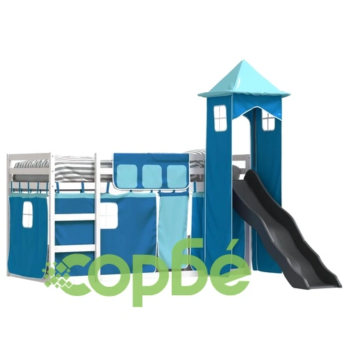 Двуетажно легло с пързалка и завеси, синьо, 90x200 см ➤ топ цена ➤ sorbe.bg