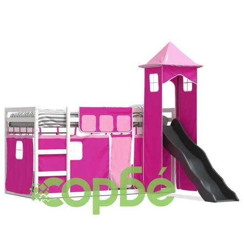 Двуетажно легло с пързалка и завеси, синьо, 90x200 см ➤ топ цена ➤ sorbe.bg