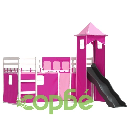 Двуетажно легло с пързалка и завеси, синьо, 90x200 см ➤ топ цена ➤ sorbe.bg