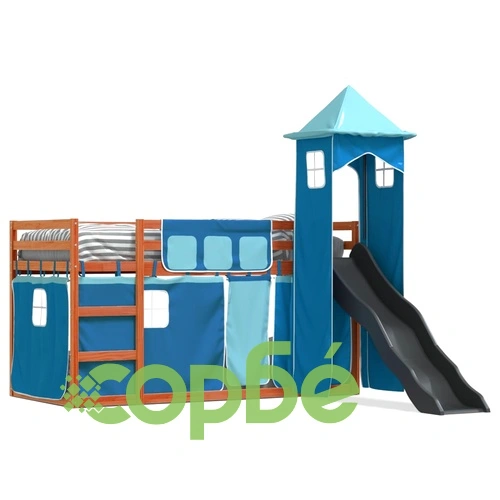 Двуетажно легло с пързалка и завеси, синьо, 90x200 см ➤ топ цена ➤ sorbe.bg
