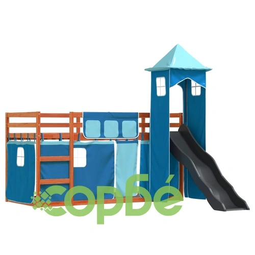 Двуетажно легло с пързалка и завеси, синьо, 90x200 см ➤ топ цена ➤ sorbe.bg