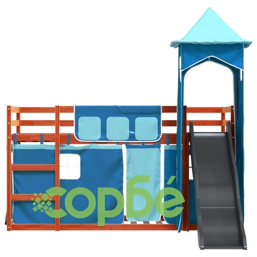 Двуетажно легло с пързалка и завеси, синьо, 90x200 см ➤ топ цена ➤ sorbe.bg