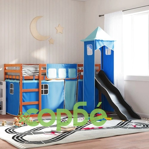 Двуетажно легло с пързалка и завеси, синьо, 90x200 см ➤ топ цена ➤ sorbe.bg