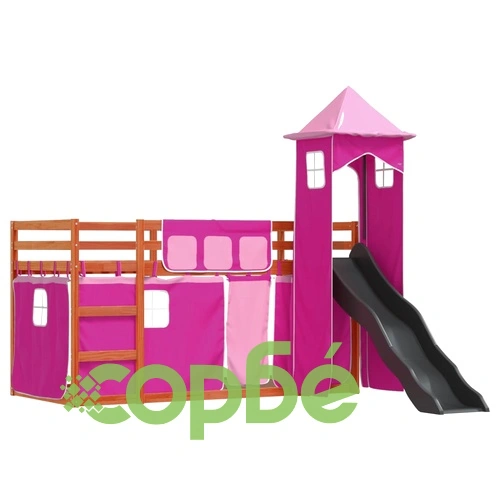 Двуетажно легло с пързалка и завеси, синьо, 90x200 см ➤ топ цена ➤ sorbe.bg